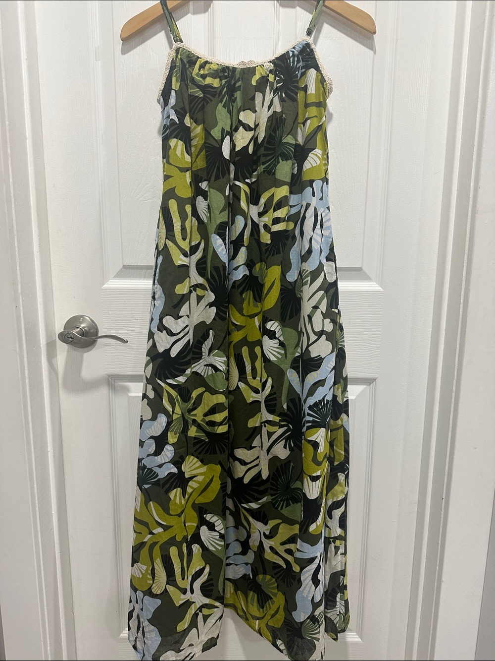 On 34th Abstract Leaf Print Crochet Midi Slip Dress - Size XS - POCKETS